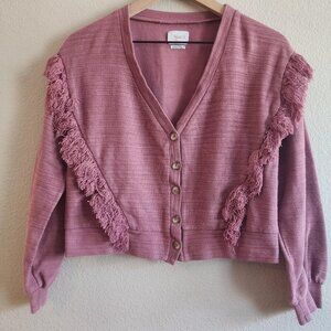 Saylor Sweater Womens Medium Purple Fringe Button Up Textured Boho Pullover Top